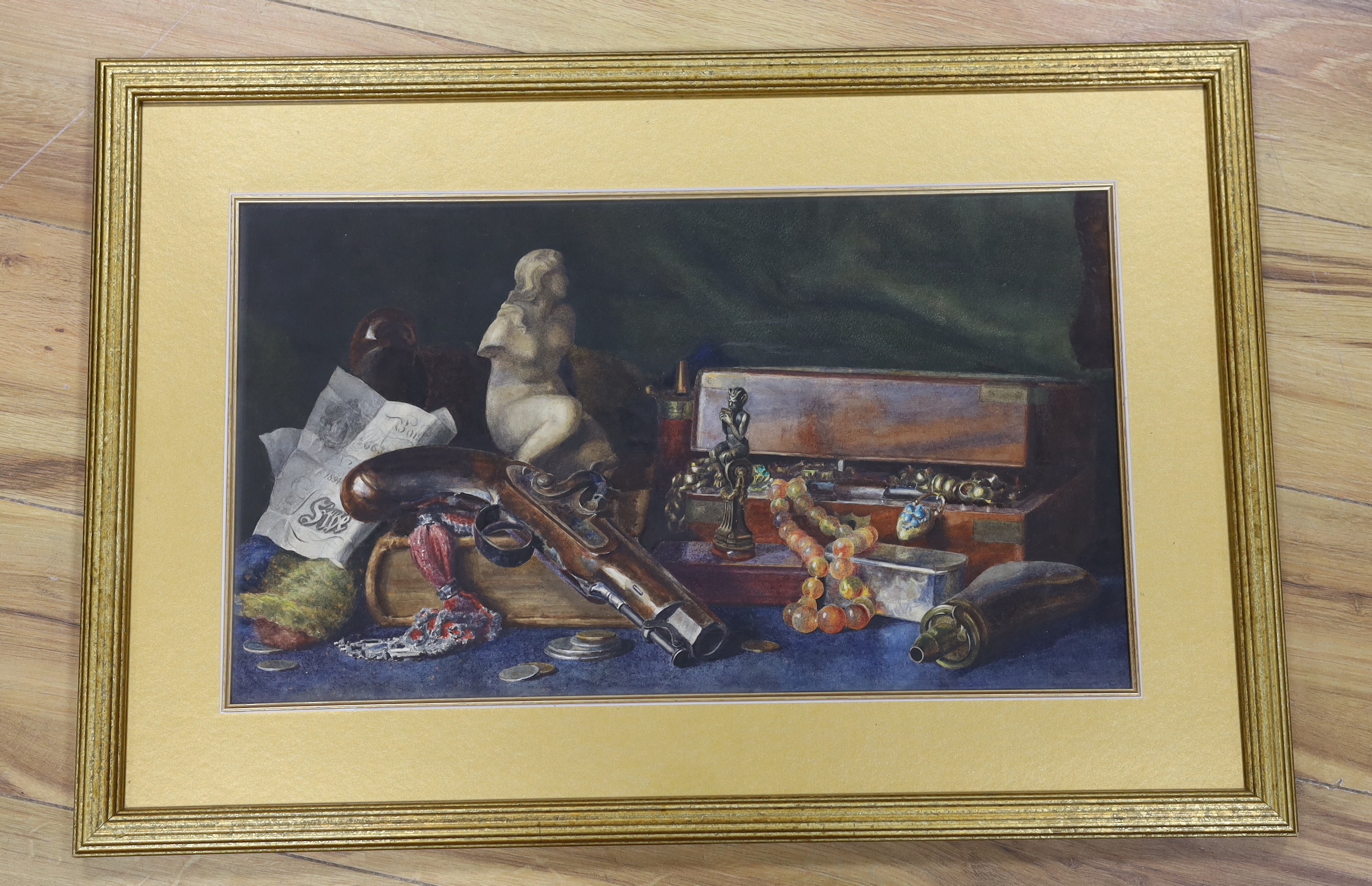 English School c.1900, watercolour, Still life of a percussion pistol and highwayman's loot, 28 x 50cm